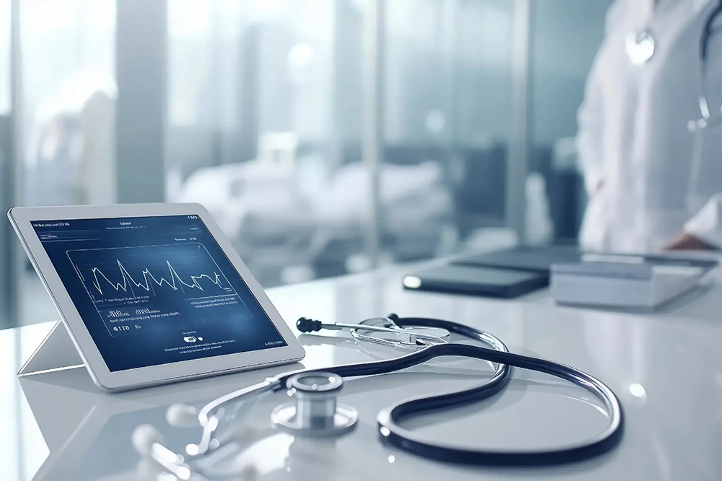 KI-generiertes Bild - Stethoskop, Tablet zur Anzeige medizinischer Daten, Krankenhausempfang, modernes, elegantes Design