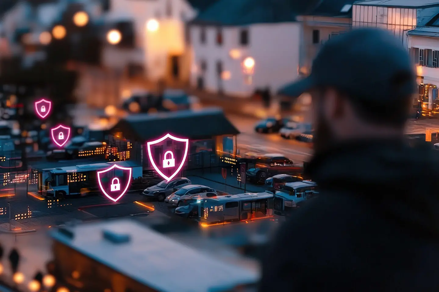 Una persona contempla un paisaje urbano al atardecer rodeado de coloridos símbolos de seguridad