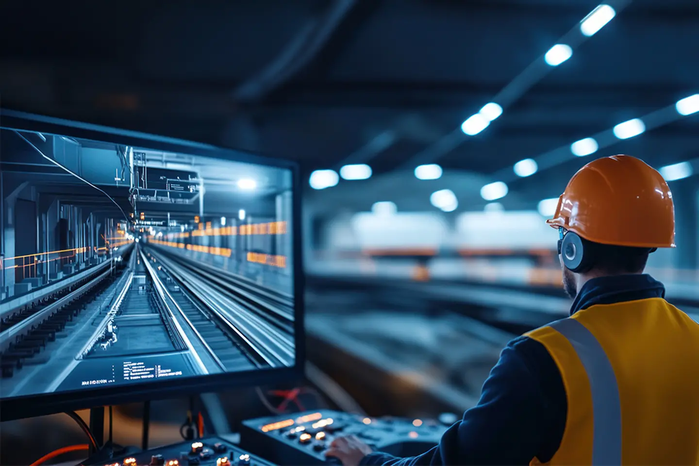 KI-generiertes Bild - Ingenieur nutzt ein virtuelles Bedienfeld zur kontrolle von Schienensystemen