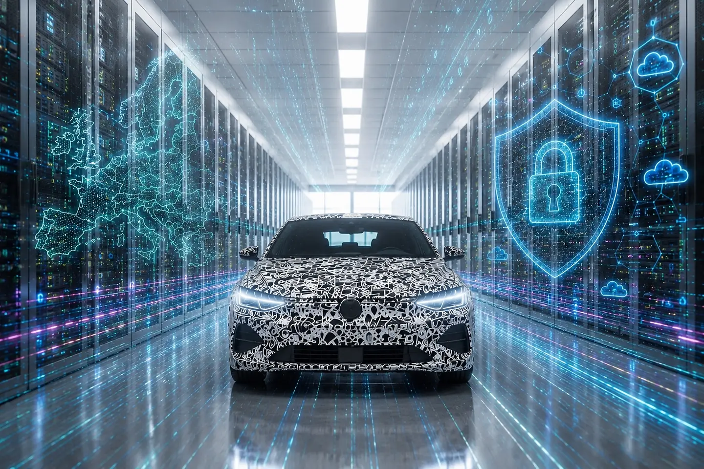 AI-generated image - Digital image of a Volkswagen with graphic symbols of Europe, Cloud and Cybersecurity