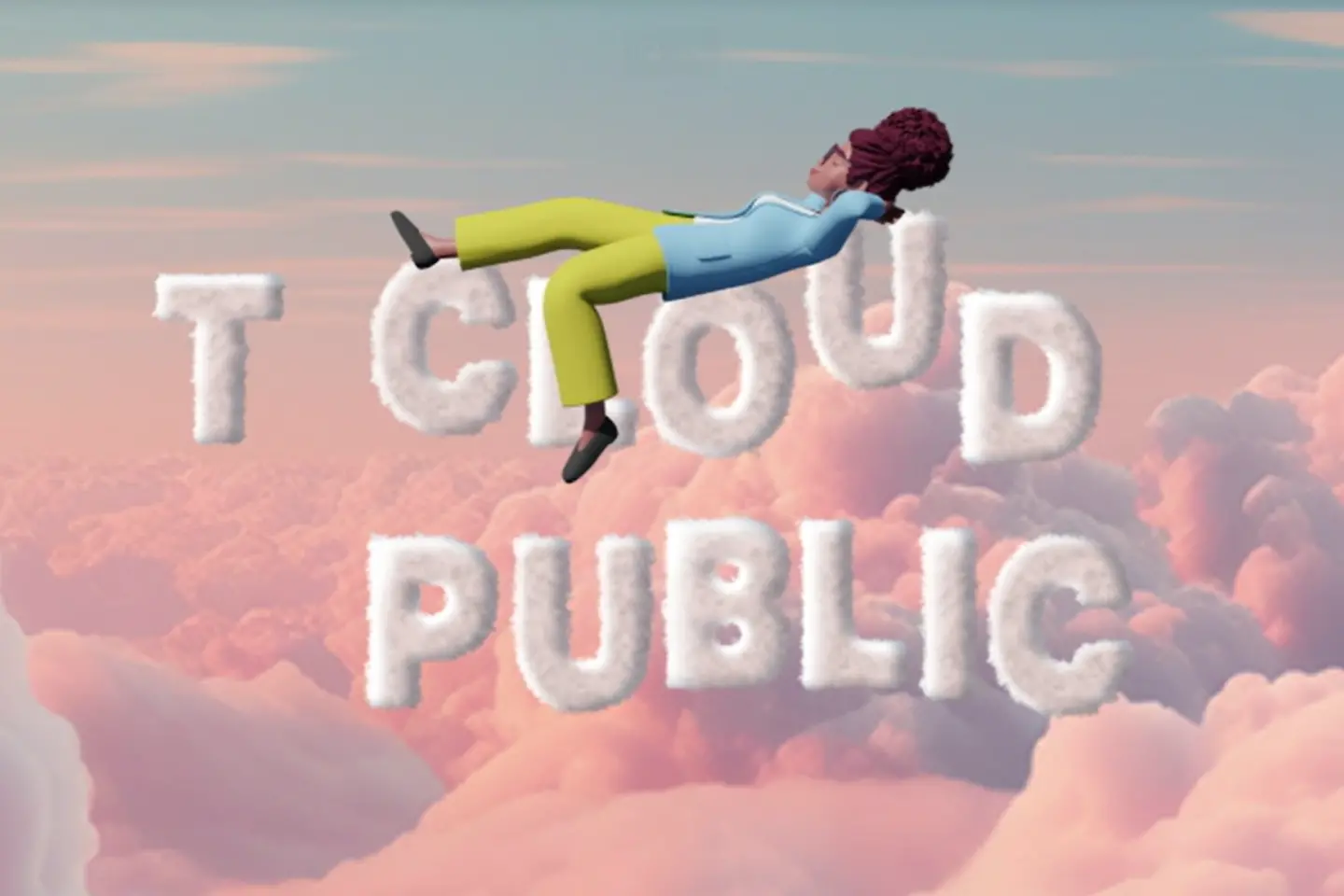 KI-generiertes Bild - Cartoon-Frau liegt auf Wolken-Schriftzug "T Cloud Public"