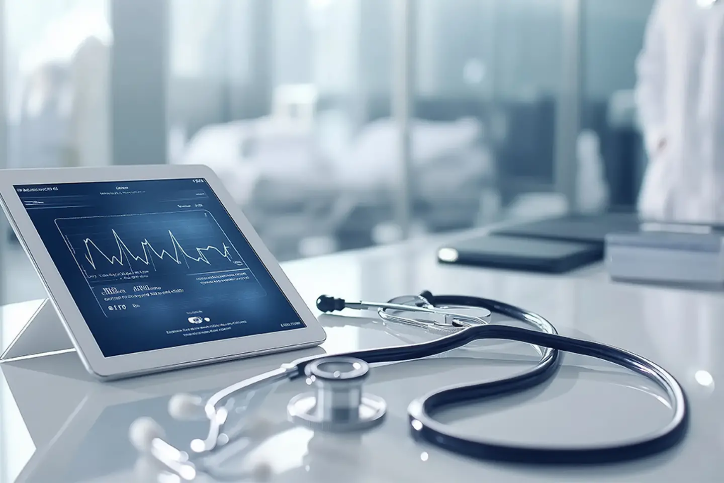 KI-generiertes Bild - Stethoskop, Tablet zur Anzeige medizinischer Daten, Krankenhausempfang, modernes, elegantes Design