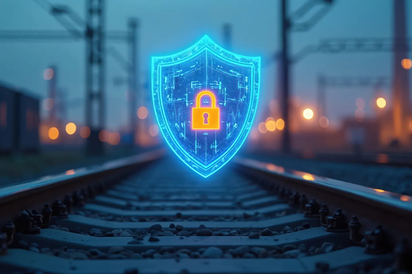 AI-generated image - Railway tracks with cyber security symbol