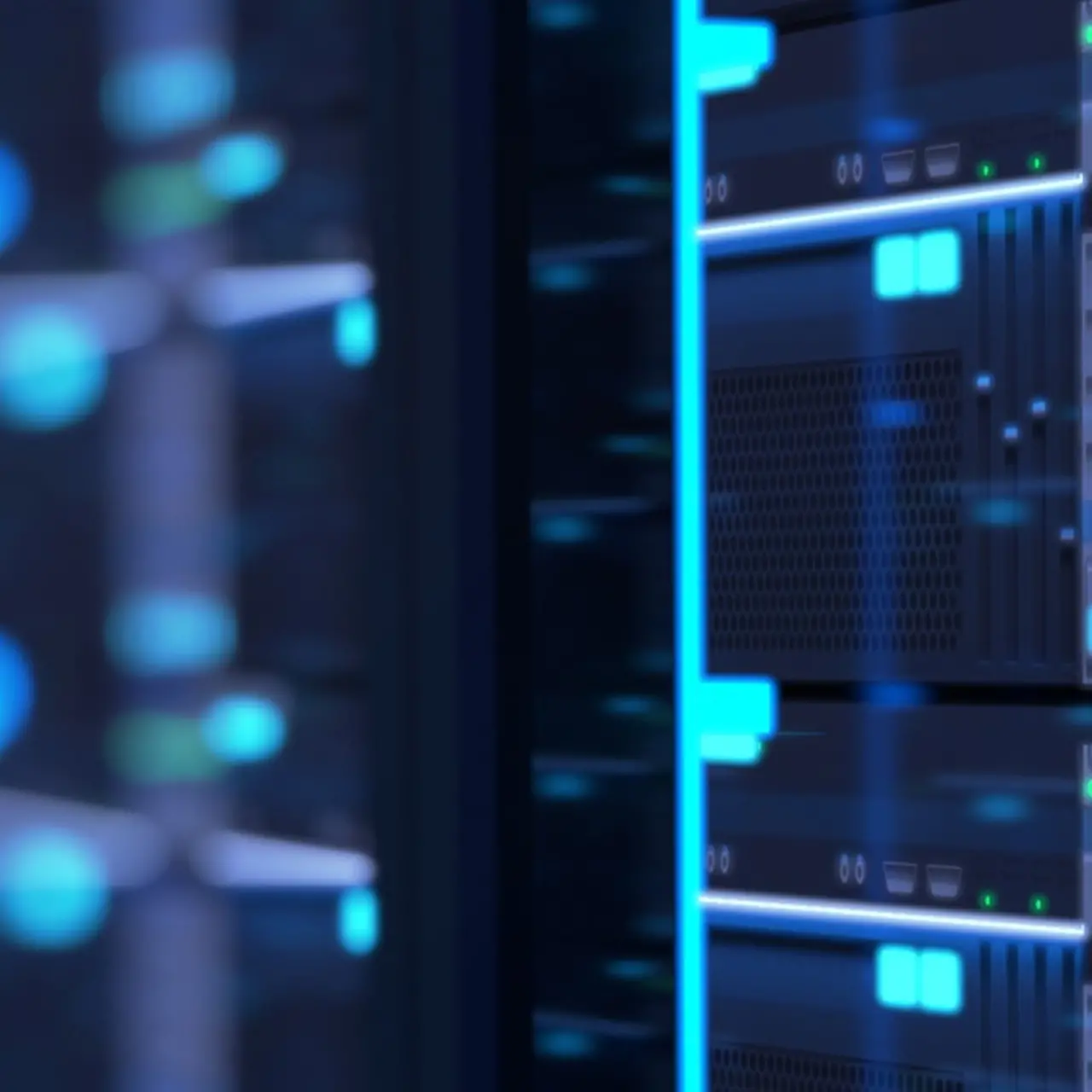 Korridor mit Serverracks mit leuchtenden Displays