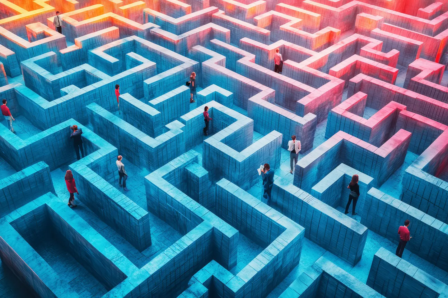Creative business concept presented as maze, showcasing individuals navigating through complex structure