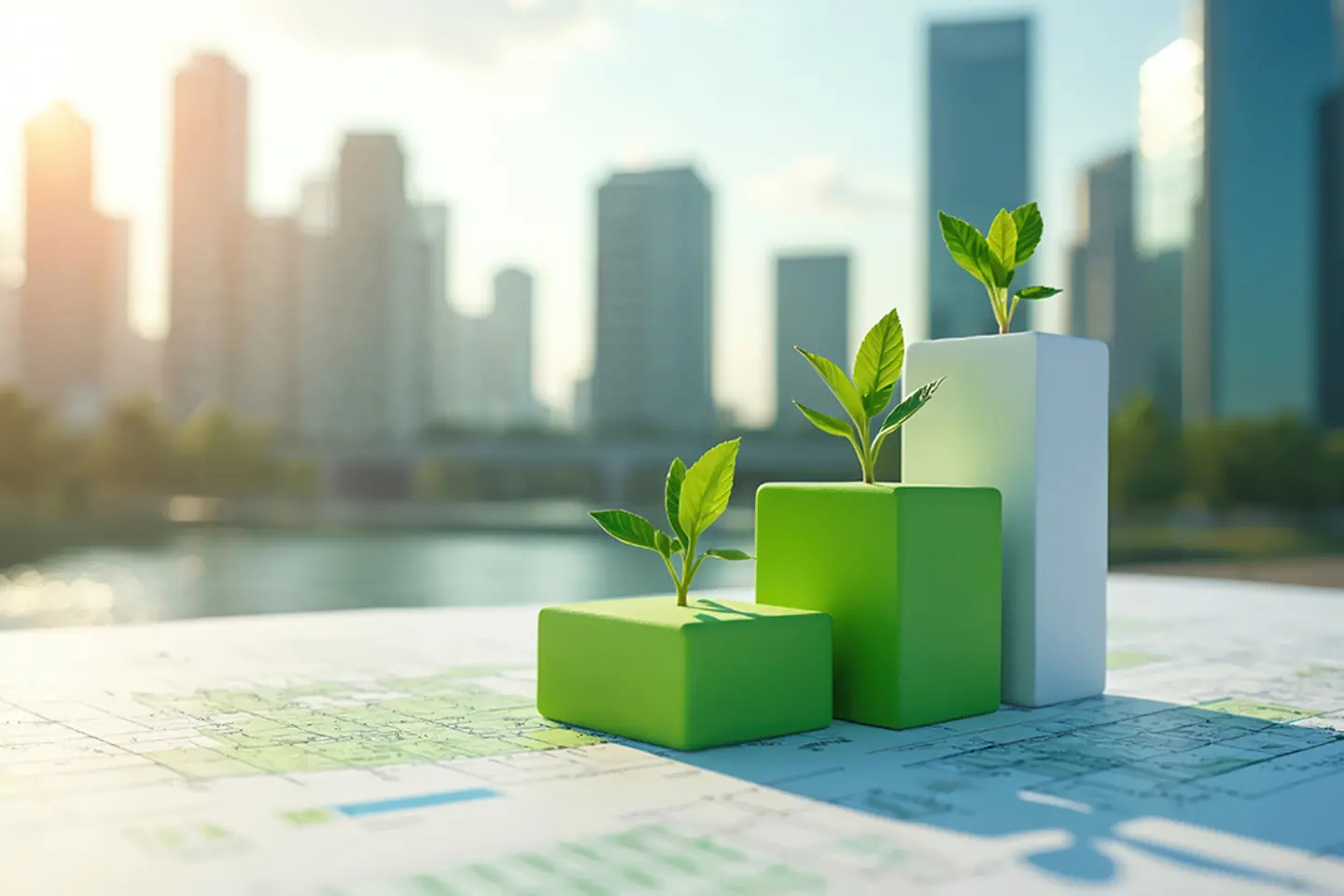 KI-generiertes Bild - Grüne Pflanzensprossen sprießen auf den Stufen eines Balkendiagramms vor der Skyline der Stadt