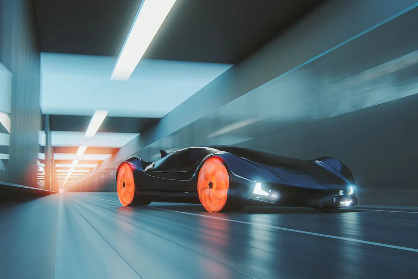 Futuristisches Auto fährt durch einen gut beleuchteten Tunnel