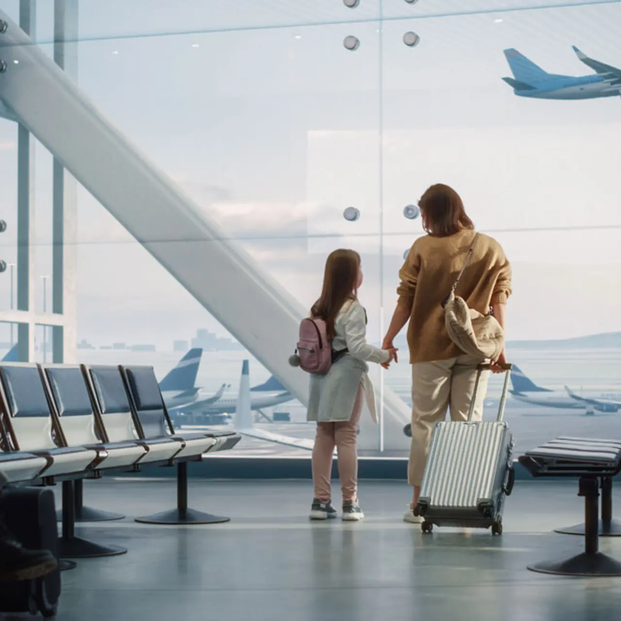 Madre e hija observan el despegue y aterrizaje de los aviones desde la ventanilla de la sala de espera del aeropuerto.