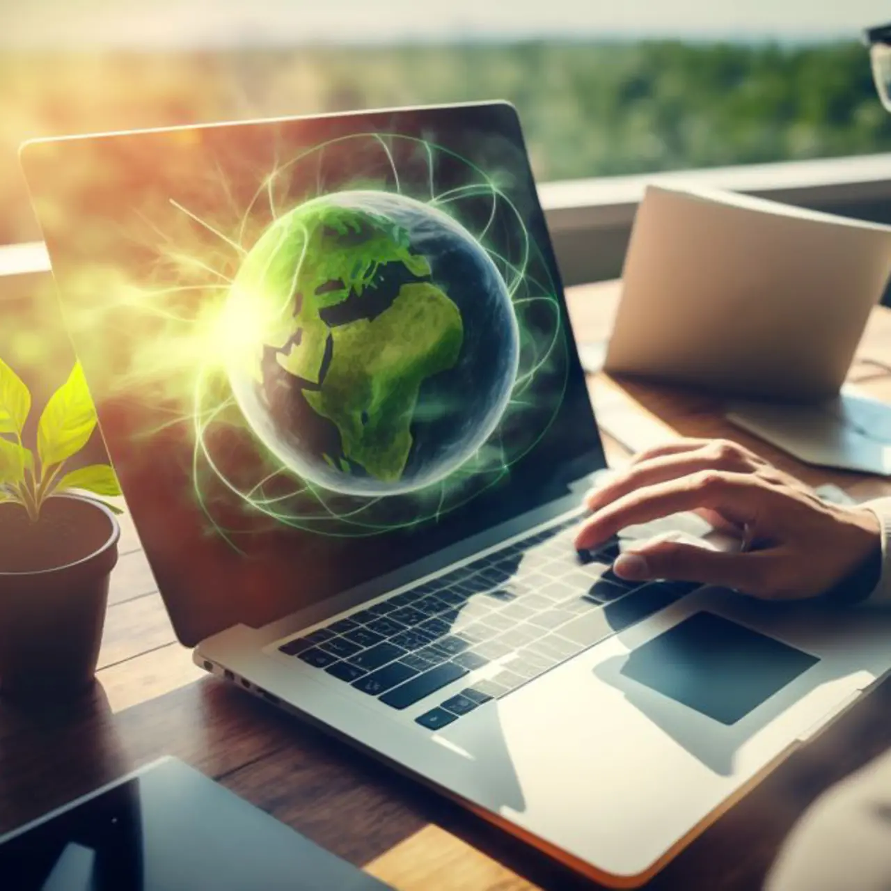 Business man working on laptop outside, on screen a green earth. 