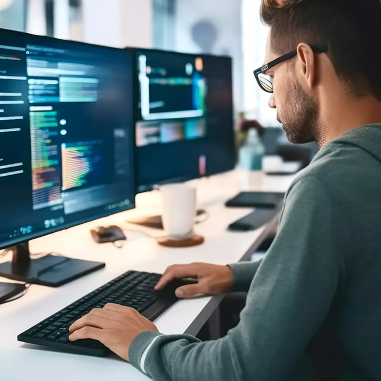Softwareentwickler arbeitet an intelligenter Automatisierung, digitaler Arbeitsplatz