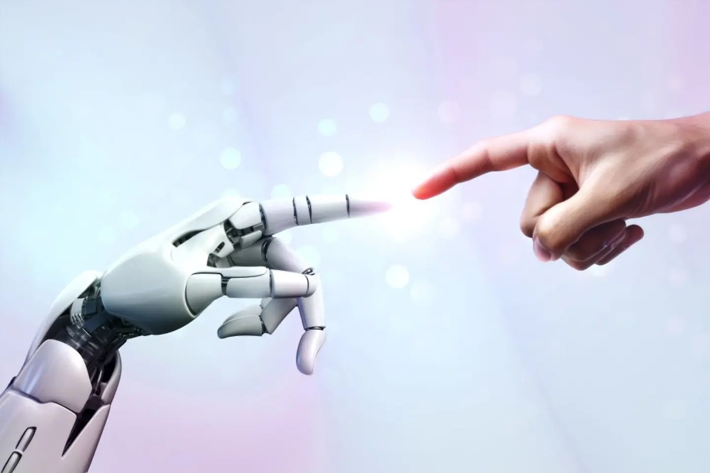Robot and human hands are touching and connecting